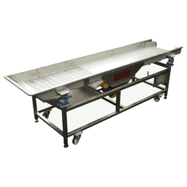 Grape Sorting Table The Grape Sorting Table features a stainless steel vibratory conveyor with a gridded top surface, mounted on a sturdy black metal frame equipped with four caster wheels for easy mobility. This table is ideal for transporting materials in various industrial applications.