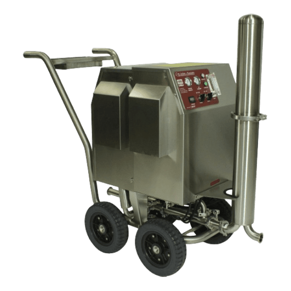 Portable Ozone Generator The Portable Ozone Generator is a stainless steel industrial machine equipped with two large rear wheels and two smaller front wheels. It includes a handle for easy maneuvering, various control buttons on a panel, and a tall cylindrical component on the right side. This portable unit is designed for heavy-duty use.