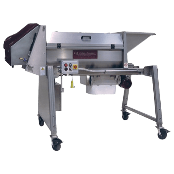 Puleo Vega 15 Destemmer Crusher The Puleo Vega 15 Destemmer Crusher is a silver industrial machine featuring a hopper on one end and multiple control buttons on the side, all mounted on a wheeled frame for easy mobility. The setup appears to be designed for food processing or material handling applications.