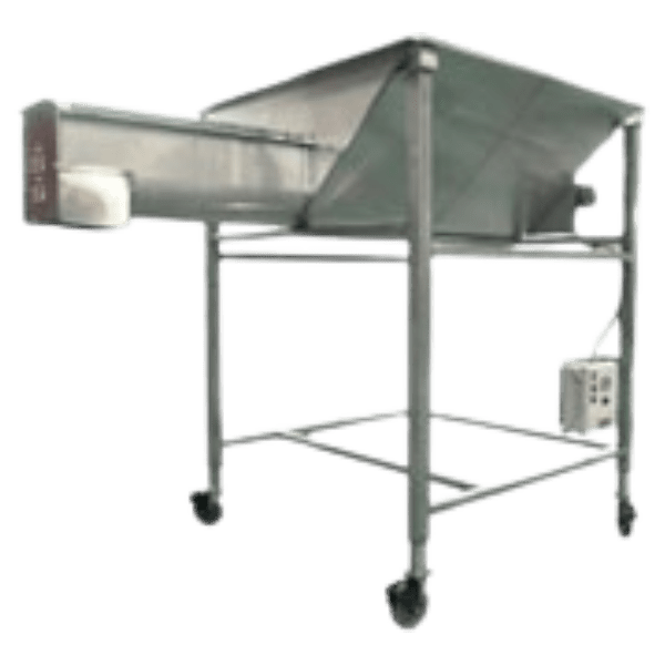 Receiving Hopper A stainless steel Receiving Hopper with a chute and four caster wheels. The hopper extends horizontally with a slanted chute above a catchment area. There is an attached control box on one side of the machine.