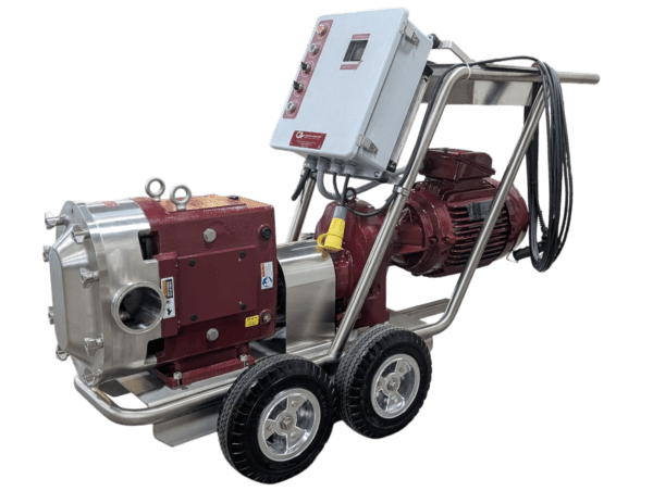 The Carlsen 220 Wine & Must Pump is an industrial machine featuring a red and silver color scheme, mounted on a metal frame with four wheels. It includes a control panel on top with multiple buttons and switches, designed for mobility and heavy-duty operations.