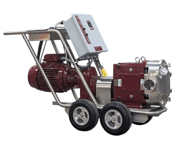 The Carlsen 220 Wine & Must Pump is an industrial machine featuring a red and silver color scheme, mounted on a metal frame with four wheels. It includes a control panel on top with multiple buttons and switches, designed for mobility and heavy-duty operations.